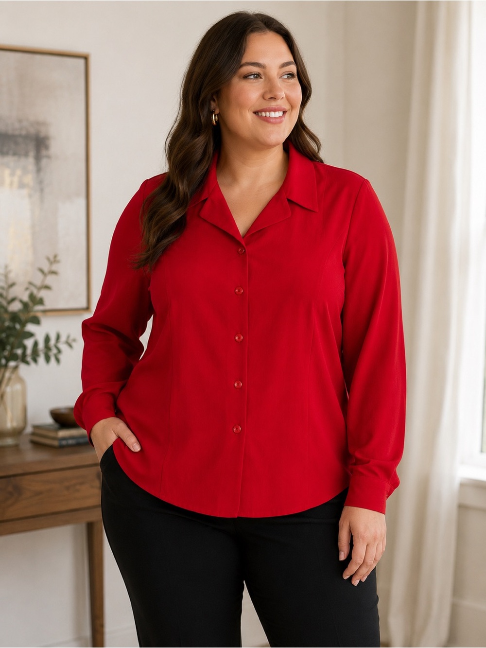 Laura Scott Woman Red Button Front Career Blouse Top 16W Plus Long Sleeve